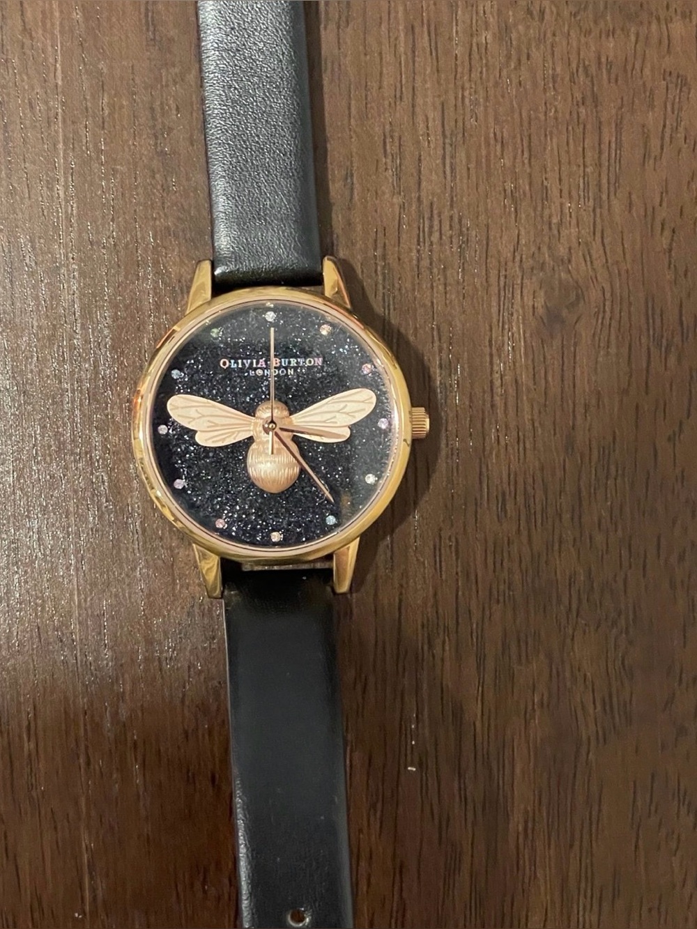 OLIVIA BURTON Black Glitter Dial Watch with Rose Gold Bee